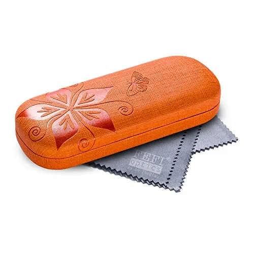 FEFI Hardcase Brillenetui Nature in geprägtem Blumen-Design - Inklusive hochwertigem Brillenputztuch/Mikrofasertuch (Orange)