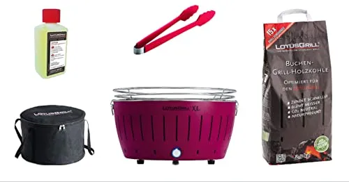 LotusGrill Holzkohlegrill XL Starter-Set 5 tlg - Pflaumenlila mit USB-Anschluss - Grills: Ideal für schnelle Grillabende, mit USB-Anschluss für perfekte Glutkontrolle und platzsparendem Design.