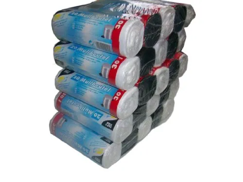 Papstar 12095 Müllbeutel 30 L - 5er Pack farbig sortiert - Müllsäcke aus strapazierfähiger HDPE-Folie, ideal für den täglichen Einsatz. Mit 30 L Füllinhalt und einer Materialstärke von 13 my bieten sie zuverlässige Stabilität.