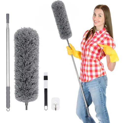 Oamwrae Staubwedel Lang Ausziehbar, Mikrofaser Staubwedel mit Teleskopstange, Gesamtlänge bis 280cm, [Waschbar & Zieht Staub An] Duster für Decken, Autos, Haushaltsreinigung, Grau