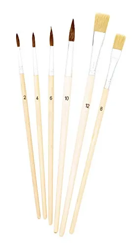TSI Schulmalpinsel-Set 6-teilig, Haarpinsel (Größe 2,4,6 und10) - Borstenpinsel (Größe 8 und 12), Schaft naturbelassen, Art. Nr. 49106