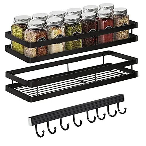 Gewürzregal Wand Ohne Bohren 2er Set mit Küchenreling Küchenregal hängend Gewürzregal Schranktür Edelstahl Duschablage für Küche Badezimmer Balkon 35 x 12 x 5,7 cm, Schwarz