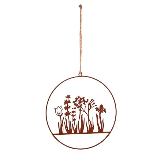 UNUS Aufhänger Blumenornament aus Metall zum Aufhängen Wanddeko Türdeko 25cm im Rostdesign