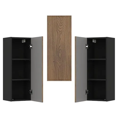 Lomadox Badezimmer Hängeschrank 30 cm Eiche Schwarz, Grifflos, Push-to-Open - Eleganter Hängeschrank mit flexibler Türmontage. Der warme Holzlook in Eiche und der matte schwarze Korpus bieten modernen Stil. Zwei verstellbare Einlegeböden sorgen für individuelle Stauraummöglichkeiten im Badezimmer.