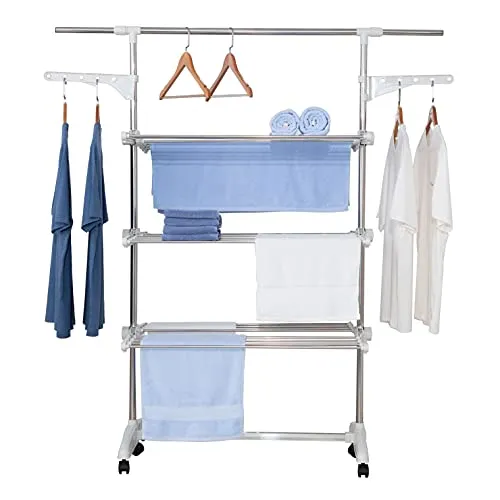 GEORGES Klappbarer Wäscheständer mit Teleskopstange - Höhenverstellbarer Wäscheständer mit 23 m Wäscheleine, ideal für Innen und Außen. Mobil durch 6 drehbare Rollen und platzsparend einklappbar – perfekt für kleine Wohnungen oder Balkone.