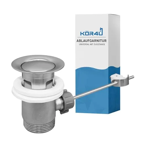 kör4u Ablaufgarnitur mit Zugstange - Maß 1 1/4 Zoll, chrom, Ablaufgarnitur für Waschtisch- und Becken, Zugstangengarnitur, Ablaufventil mit Zugstange und Stopfen