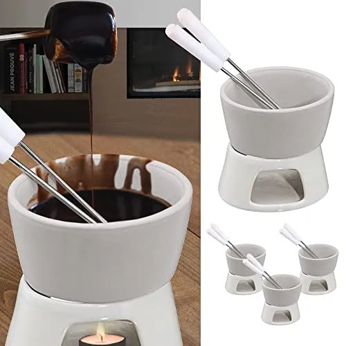 Cepewa 4 x Keramik Schokofondue Set Fondue-Set Schokolandenfondue weiß inkl. 2 Edelstahlgabeln (4 x Schokofondue-Set)