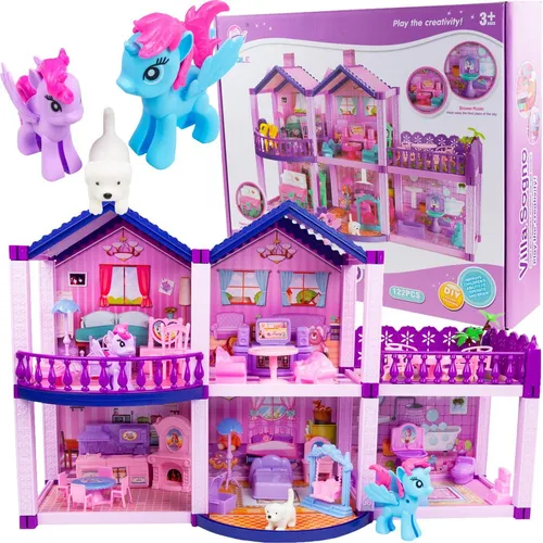 Puppenhaus mit Zubehör Terrasse - Pony Villa für Barbie - Puppenhaus mit 6 Räumen, inklusive Ponys und Hündchen. Fördert Kreativität und soziales Spielverhalten. Ideal für kleine Mädchen ab 3 Jahren!