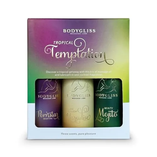 BODYGLISS Gleit- & Massageöl Tropical Temptation – 3er-Pack - Erlebe tropischen Genuss mit dem BODYGLISS Gleit- & Massageöl Set. Enthält drei praktische Reisegrößen: Minty Mojito, Pina Colada und Pornstar Martini. Ideal für unterwegs, sorgt für ein seidig-weiches Gleiten und unvergessliche Momente.
