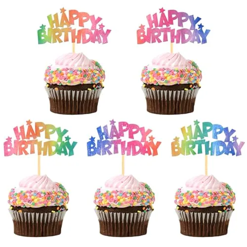 Stück Glitzer Geburtstag Cupcake Toppers, Happy Birthday Geburtstagsdeko, Alles Gute zum Geburtstag Kuchendekoration für Geburtstagsfeier Zubehör Party Dekoration (Regenbogen) 24