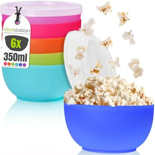 idea-station NEO Plastikschüssel mit Deckel 6 Stück - 12 cm / 350 ml - bunt - perfekte Snack, Camping Bowl, Dipschalen - kleine Schüssel mit Deckel