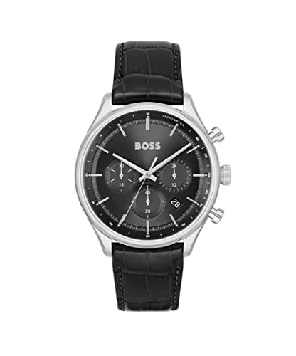 BOSS Herren Uhr 1514049 - Schwarz/Schwarz - Chronograph mit Kalenderfunktion, 50m wasserdicht und stilvollem Lederarmband – perfekt für sportliche Anlässe und den Alltag.