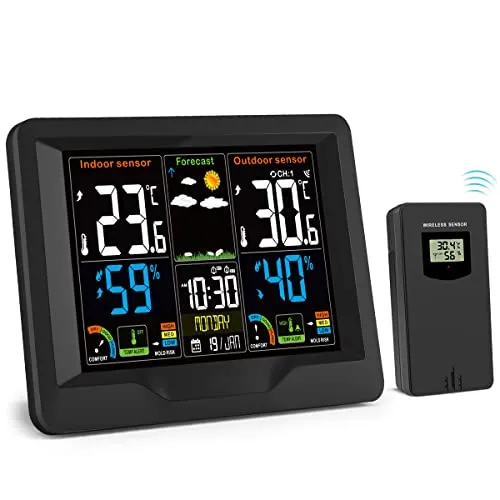 Wetterstation Funk mit Außensensor,Farbdisplay, Wettervorhersage, Innen/Außen-Thermometer & Hygrometer, Luftdruckmessung, Schlummerwecker für Haus Büro