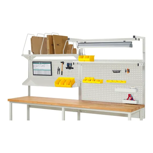 Rau System-Aufbau Komplettset 06 für Arbeitstisch 300cm - Optimales Set für Arbeitstische und Werkbänke, inklusive 4 Systemstützen, Lochplatten und Halteschiene. Hohe Traglast von 100 kg, perfekt für effizientes Arbeiten.