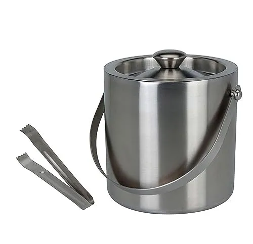 Eleganter Eiskühler aus Edelstahl mit Deckel und Zange Silber - Weinkühler & Sektkühler, doppelwandiges Isolier-Eisgefäß aus gebürstetem Edelstahl, inklusive Zange und praktischem Tragegriff für stilvolle Kühlung.
