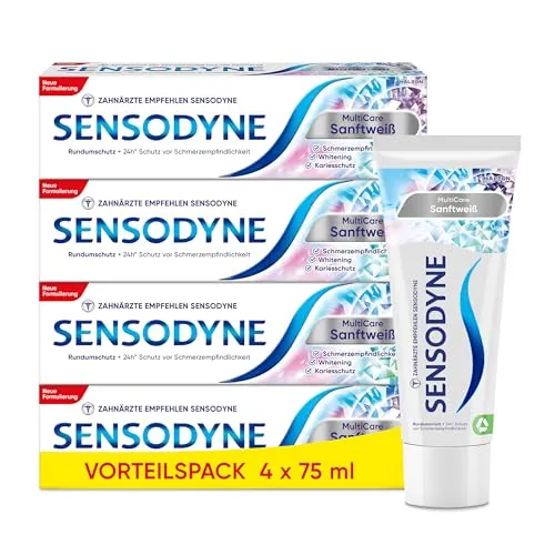 Sensodyne MultiCare Sanftweiß Zahnpasta, 4x75ml, Rundumschutz für die Zähne | Tägliche Zahncreme für Rundumschutz + 24h* Schutz vor Schmerzempfindlichkeit + Kariesschutz + Whitening