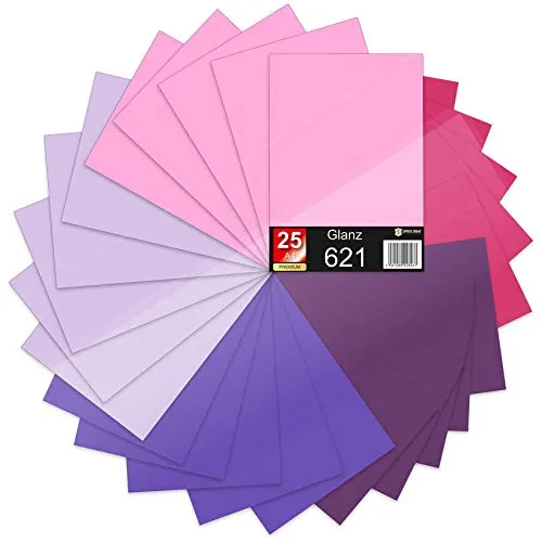 Finest Folia 25 x Din A4 Bögen Plotterfolie 621/631 Selbstklebende Folie im Set Vinyl zum Plotten DIY Bastelfolie Sticker Beschriftung Aufkleber 29,7x21cm (Lilatöne matt, 25er Set)