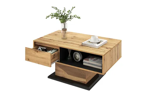 MODFU Couchtisch aus Holz mit Schublade – Beige, 100x60x47 cm - Eleganter Wohnzimmertisch aus Eichenholz mit einer grifflosen Schublade für praktischen Stauraum. Ideal für stilvolle Wohnräume.