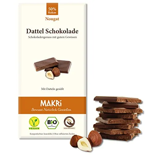 MAKRi® BIO Dattel Schokolade - ohne raffinierten Zucker, Mit Datteln gesüßt, Vegan & Fair gehandelt (Nougat 50%, 1 Tafel)
