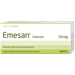 Emesan Tabletten 10 St - rezeptfrei von Aristo Pharma - Arzneimittel für die Behandlung von Übelkeit und Erbrechen, einfach in der Anwendung und ideal für unterwegs.