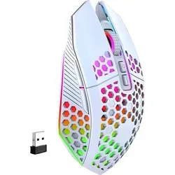 S&T Design RGB Gaming Maus Kabellos - Leise & Ergonomisch für PC und Laptop - Gaming-Maus in elegantem Weiß-Schwarz, mit 7 Tasten, DPI einstellbar und 10m Reichweite. Ideal für Gamer, die Präzision und Komfort schätzen.