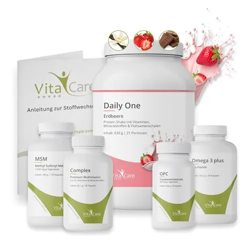 VitaCare 21-Tage Stoffwechsel-Kur Erdbeere, 6-teiliges Komplettpaket für HCG-Diät mit Proteinshake, MSM, Multivitamin Complex, Omega 3 plus & OPC