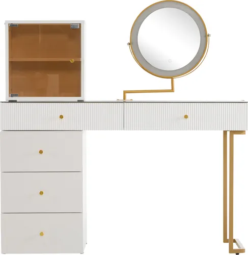 Konsolentisch mit LED-Spiegel - Moderner Schminktisch Set 120 x 45 x 115 cm - Eleganter Schminktisch mit goldener Umrandung und 3-farbiger LED-Beleuchtung. Robuste Bauweise aus Holzspanplatte und Eisen sorgt für Stabilität. Flexibel kombinierbar für individuelle Platzanforderungen.