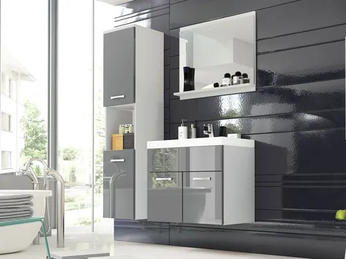 Mirjan24 Badmöbel-Set in Weiß und Grau - Elegantes Badmöbel-Set mit Hochschrank, Waschbecken und Spiegel, ideal für platzsparende Badezimmer. Hergestellt aus robustem Holzwerkstoff, inklusive Montageanleitung für einfachen Selbstaufbau.