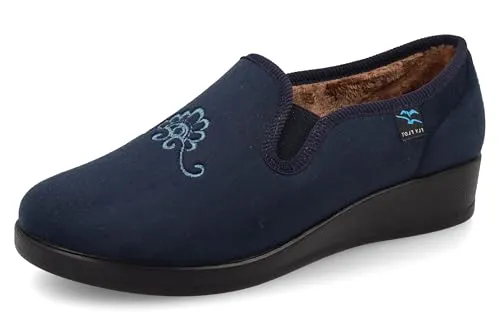 Fly Flot | Full Slipper Woman, Damen-Hausschuhe mit bestickter Blume, Obermaterial aus weicher Mikrofaser und Plüsch mit verstellbarem Gummiband, stoßdämpfende Mikrofaser-Fußbett, blau, 40 EU