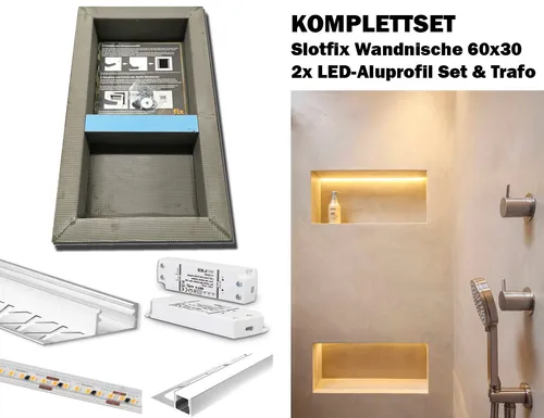 Komplett Set Slotfix Wandnische 60x30x10 + LED Beleuchtung mit Aluprofil + Trafo