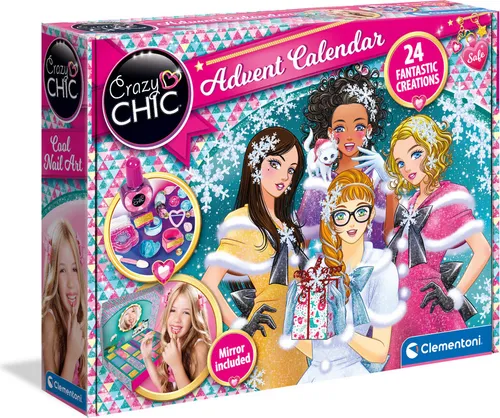 Clementoni Crazy Chic Adventskalender 2023 - Beauty & Schmuck Überraschungen - Spielzeug-Adventskalender mit 24 modischen Überraschungen für Kinder ab 6 Jahren, ideal für kreative Styling-Ideen und eine praktische Schmuckschatulle.