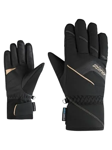 Ziener Karion-z AS Damen Skihandschuhe schwarz/gold (12495) 8,5 - Die ZIENER Damen Skihandschuhe KARION-Z AS sind atmungsaktiv, wasser- und winddicht. Ideal für Skifahrerinnen, bieten sie optimalen Komfort und Schutz bei jedem Wetter. Perfekte Passform dank Klettverschluss und umweltfreundlichem Material.