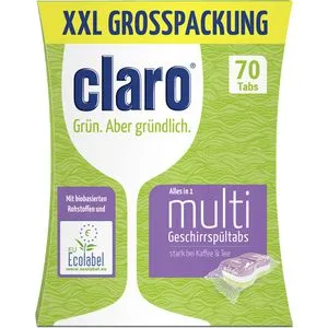 Claro Spülmaschinentabs Multi Tabs XXL, 70 Stück - Reinigungsmittel mit integrierter Salz- und Klarspülfunktion für strahlende Ergebnisse. Palmölfrei und umweltfreundlich verpackt, perfekt für nachhaltige Haushalte.