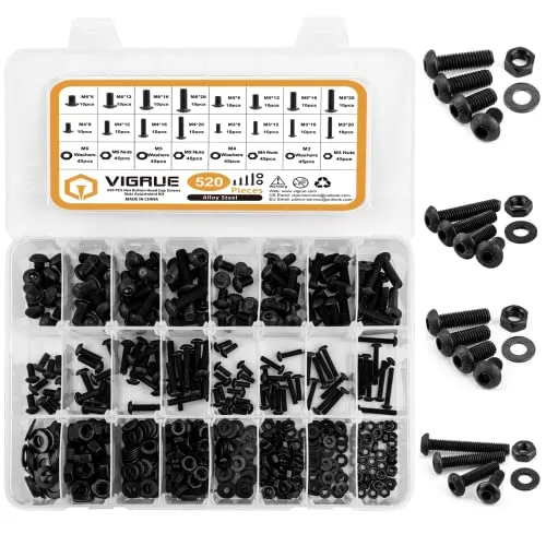 VIGRUE 520PCS Schrauben und Muttern Set, Kohlenstoffstahl Schwarz Metrische Schrauben set, M3 M4 M5 M6 Innensechskant Gewindeschrauben set,Maschinenschrauben Schrauben sortiment