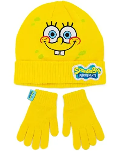 SPONGEBOB SQUAREPANTS Hut und Handschuhe Kinder gelbe gestrickte Winterleiste