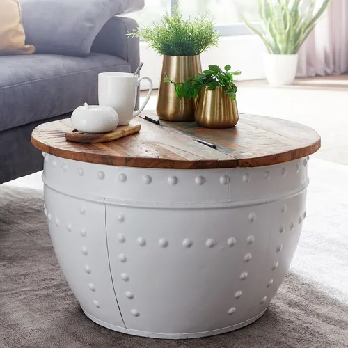 FINEBUY Couchtisch FB24605 – Rund aus Mango Massivholz und Metall - Eleganter Couchtisch (60x36x60 cm) im Shabby Chic Design aus hochwertigem Mango Massivholz mit praktischem Stauraum, ideal für Ihr Wohnzimmer.