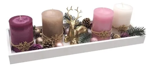 ZauberDeko Adventsgesteck Weihnachten Weihnachtsdeko Tablett Hirsch Gold Rosa Beere Deko 40cm