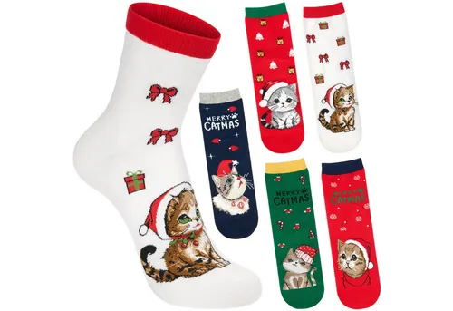 BRUBAKER Socken Damen und Herren Weihnachtssocken - Merry Catmas Unisexsocken (Bunte Baumwollsocken für Frauen und Männer - Geschenkset, 5-Paar, Damensocken mit humorvollen Katzenmotiven) Lustige Herrensocken für Weihnachten & Nikolaus