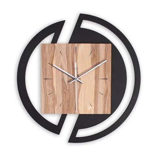 Kreative Feder Runde Designer-Wanduhr aus Holz mit Nussbaum-Furnier - Elegante Wanduhr aus hochwertigem MDF und Nussbaum-Furnier mit gebürsteten Aluminiumzeigern. Handgefertigt in Deutschland, bietet sie eine flüsterleise Zeitmessung und eine stilvolle Wandmontage – ideal für jeden Raum.