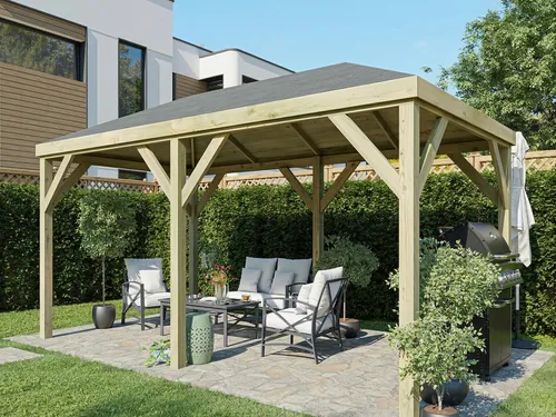 WOODTEX Kiefer Holzpavillon Superieur 4-Eck - Stilvoller Gartenpavillon aus imprägniertem Kiefernholz mit Walmdach. Ideal für entspannte Stunden im Freien, bietet er Schutz und eine ansprechende Optik für Ihren Garten.