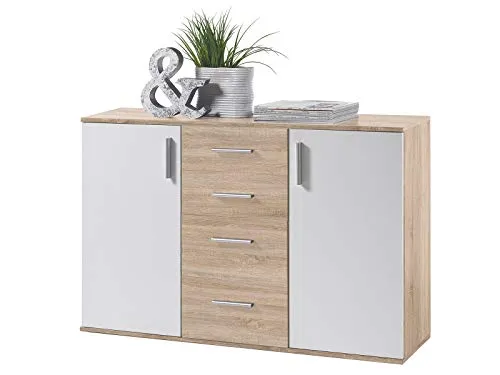 möbelando Kommode Sideboard Schrank Mehrzweckschrank Standschrank Freida V Sonoma hell/Weiß