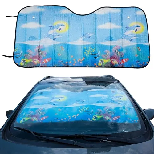 MORRENT Autosonnenschutz Frontscheibe, 127x59 cm, UV-Schutz & Hitzeschutz, Faltbar mit Saugnäpfen, 4 Designs (Mit Delfin)