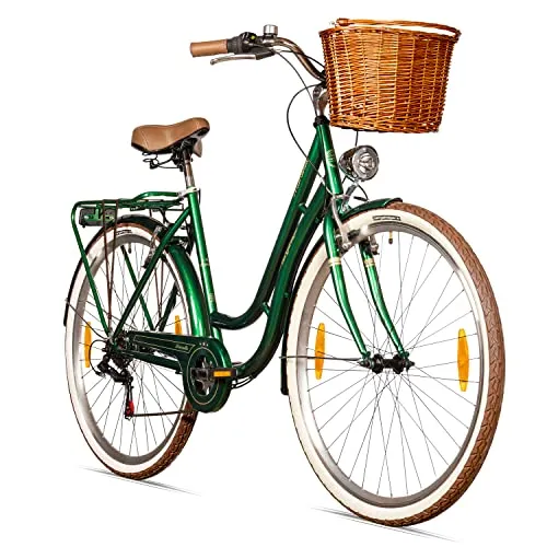 Bergsteiger Marseille 28 Zoll Damenfahrrad - Damen-Citybike im Retro-Design mit 6-Gang Shimano Schaltung, ideal für Frauen ab 150 cm, inklusive Rattan-Korb und dynamobetriebenem Licht für sicheres Fahren.