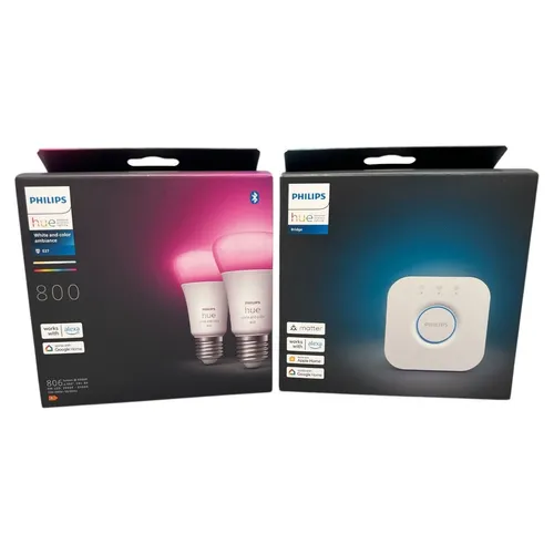 Philips Hue White and Col. Amb. LED E27 Lampen mit Hue Bridge - Smart Home-Beleuchtungskit, inklusive Hue Bridge für einfache Steuerung und individuelle Lichtszenen aus 16 Millionen Farben.