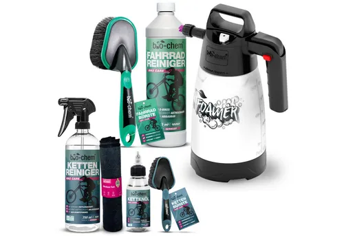 bio-chem PREMIUM Fahrrad-Reinigungsset 7-tlg. – Professionelle Fahrradpflege - Fahrrad-Pflegemittel mit 7 Teilen, inklusive Reinigern und speziellen Bürsten für eine gründliche Rundumreinigung.