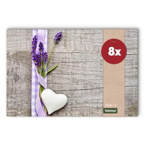 Tischsets 8er als abwaschbare Frühling und Sommer Tischdeko - Platzsets Landhaus Lavendel Blumen als Tischuntersetzer in 43 cm - Platzdeckchen als Tischunterlage für Esstisch Wohnzimmer Tisch