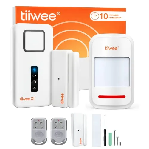 tiiwee Home Alarm System Kit X1 XLPIR - Alarmanlage mit Sensoren und Fernbedienungen - Komplettsystem für Zuhause mit 2 Tür-/Fenstersensoren, 1 Bewegungsmelder und 2 Fernbedienungen. Extrem zuverlässig, batteriebetrieben und sofort einsatzbereit. Schützt Ihr Zuhause effektiv vor Einbrechern.