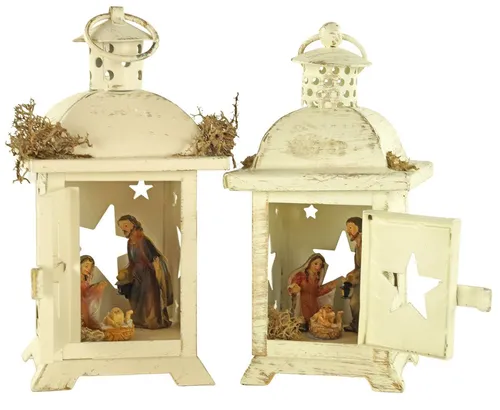 Laternenkrippe 2er Set mit handgefertigten Figuren - Traditionelle Laternenkrippe aus Metall, handgefertigt und ideal für festliche Anlässe. Das Set beinhaltet Figuren von Josef und Maria – perfekt für ein klassisches Krippenspiel.