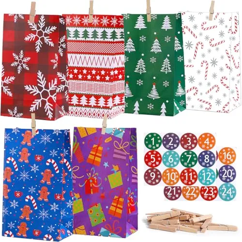 Adventskalender zum Befüllen 2025, Weihnachtskalender Papiertüten zum Befüllen mit Aufkleber und Holzklemme, 24 Adventskalender Selber Befüllen für Kinder und Erwachsene