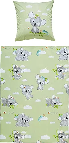 Erwin Müller Kinder-Bettwäsche, Bettgarnitur Panda Renforcé grün-hellgrau Größe 80x80 cm / 135x200 cm - temperaturausgleichend, strapazierfähig, mit praktischem Reißverschluss